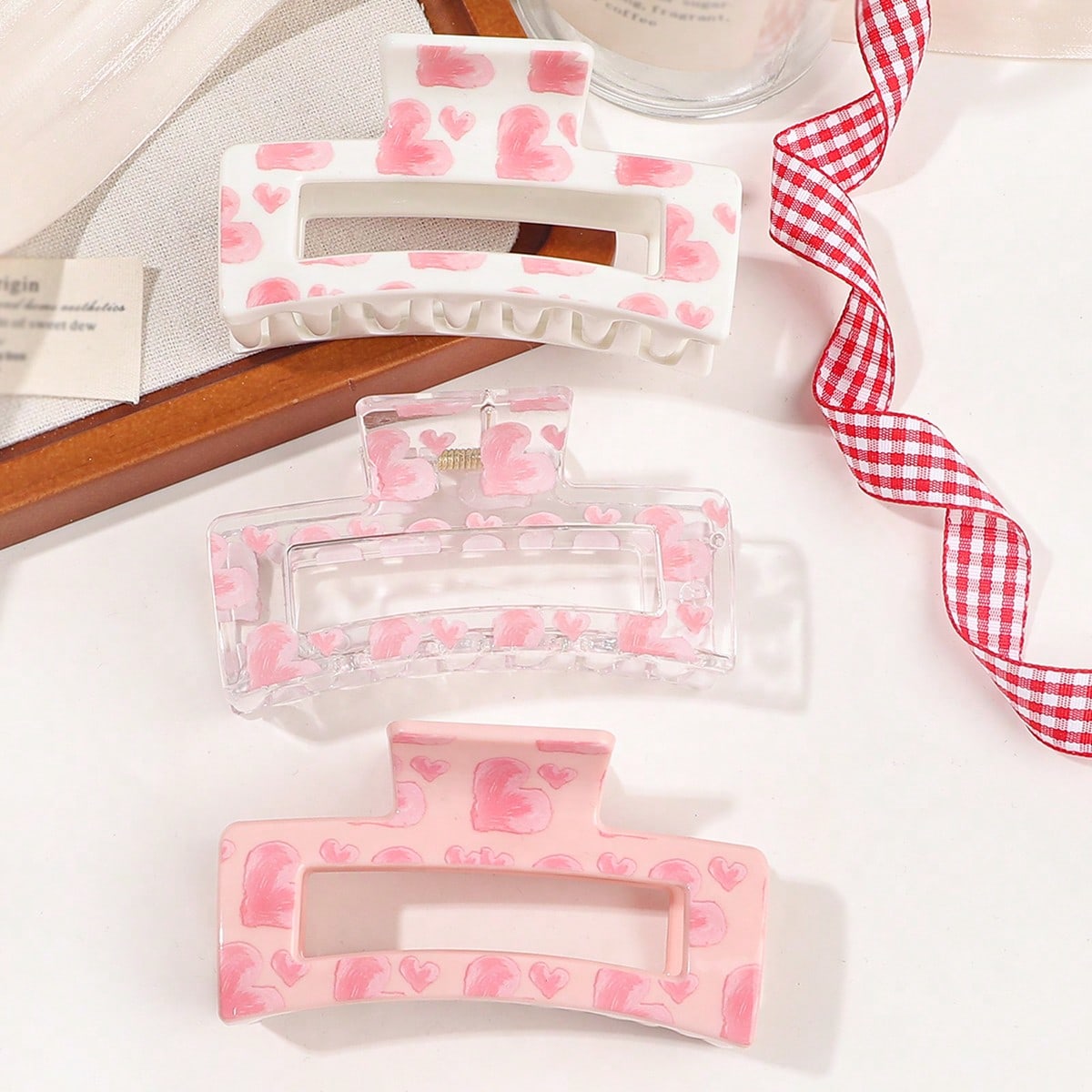 3Pcs Pink Love Print Hair Claw - đánh giá và giá Hair Claw Clip Set