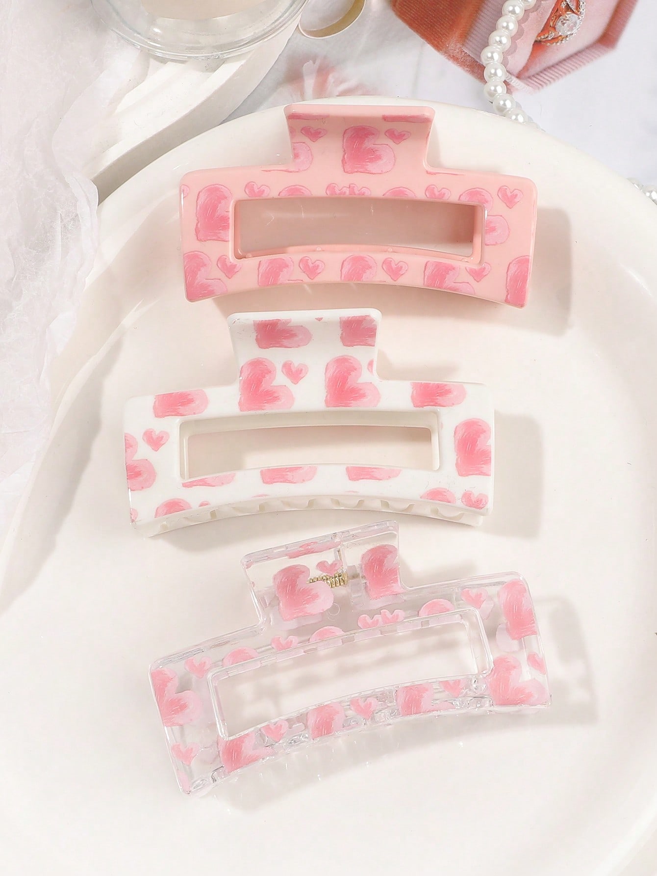 3Pcs Pink Love Print Hair Claw - đánh giá và giá Hair Claw Clip Set