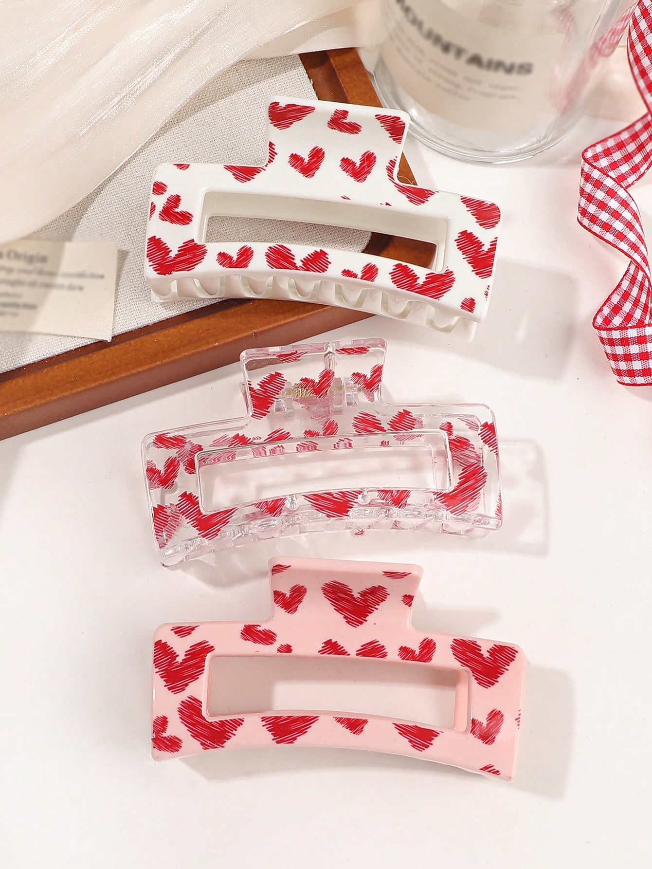 3Pcs Pink Love Print Hair Claw - đánh giá và giá Hair Claw Clip Set